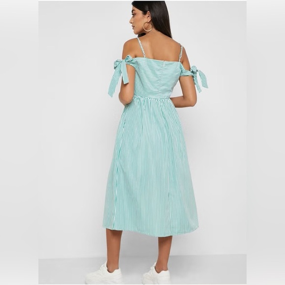 English Factory Tie Sleeve Bow Bardot Dress Striped Green and White Size M - Picture 3 of 16